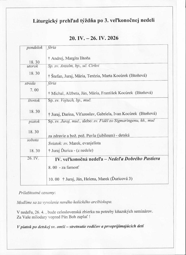 Liturgický prehľad sv.&nbsp;omší od&nbsp;20.4.2026 do&nbsp;26.4.2026