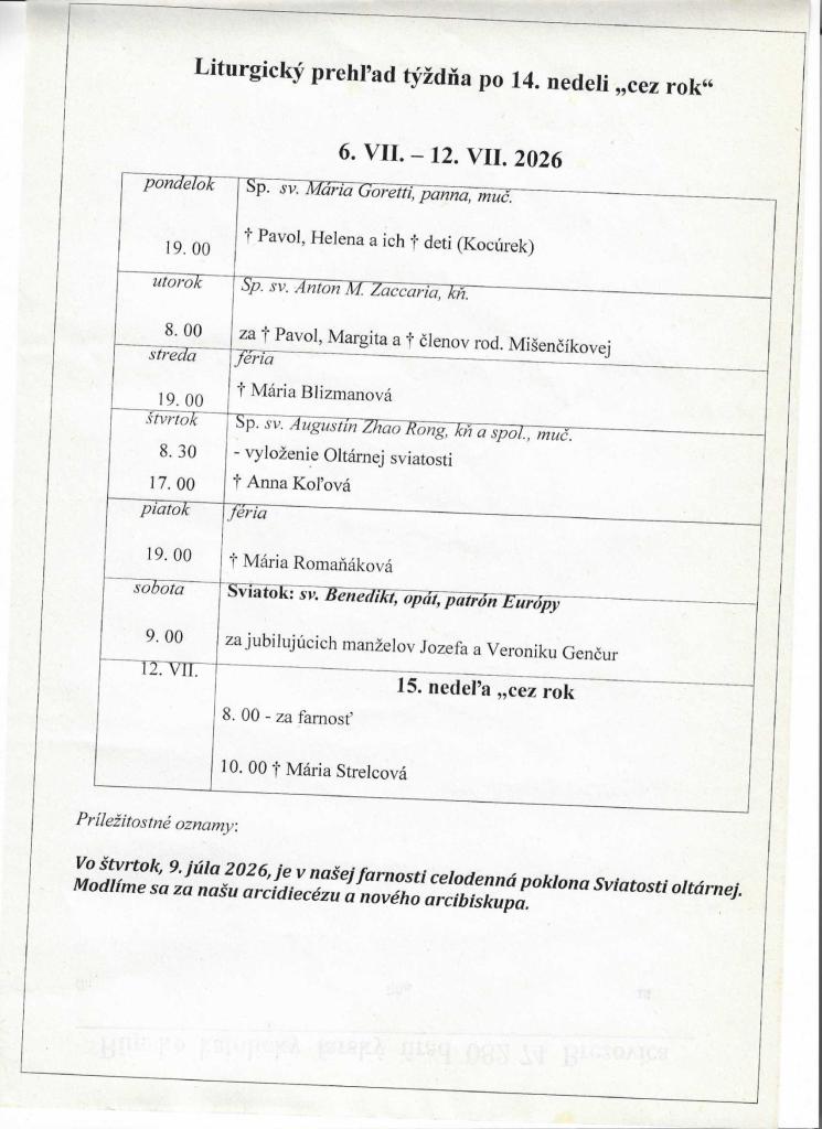 Liturgický prehľad sv.&nbsp;omší od&nbsp;6.7.2026 do&nbsp;12.7.2026