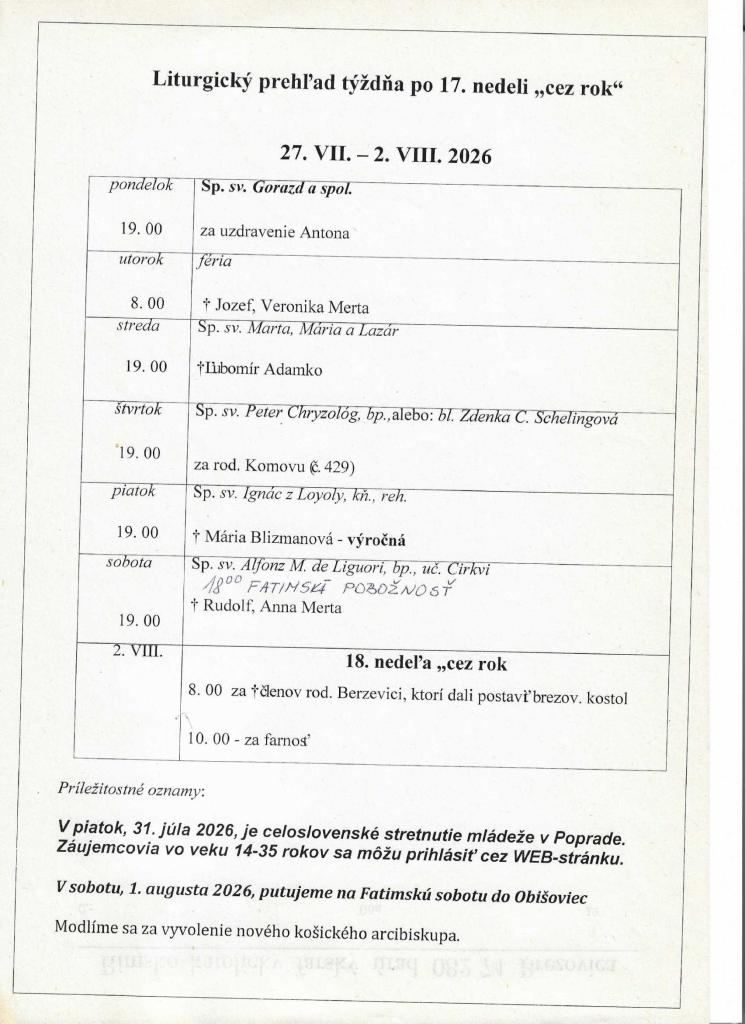 Liturgický prehľad sv.&nbsp;omší od&nbsp;27.7.2026 do&nbsp;2.8.2026