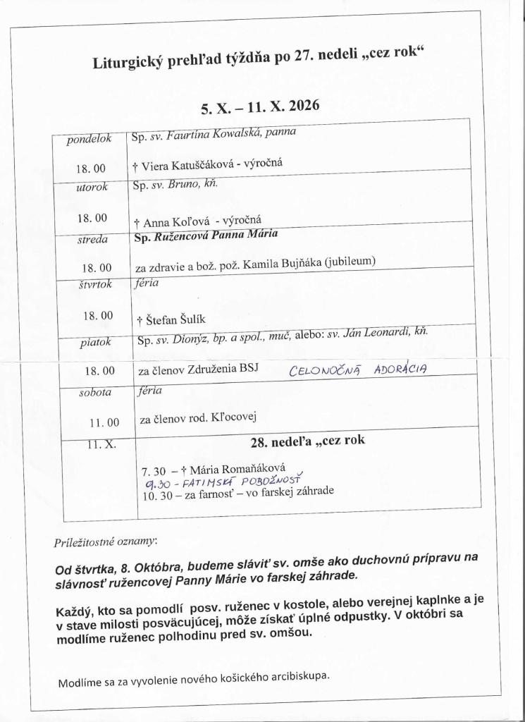 Liturgický prehľad sv.&nbsp;omší od&nbsp;5.10.2026 do&nbsp;11.10.2026