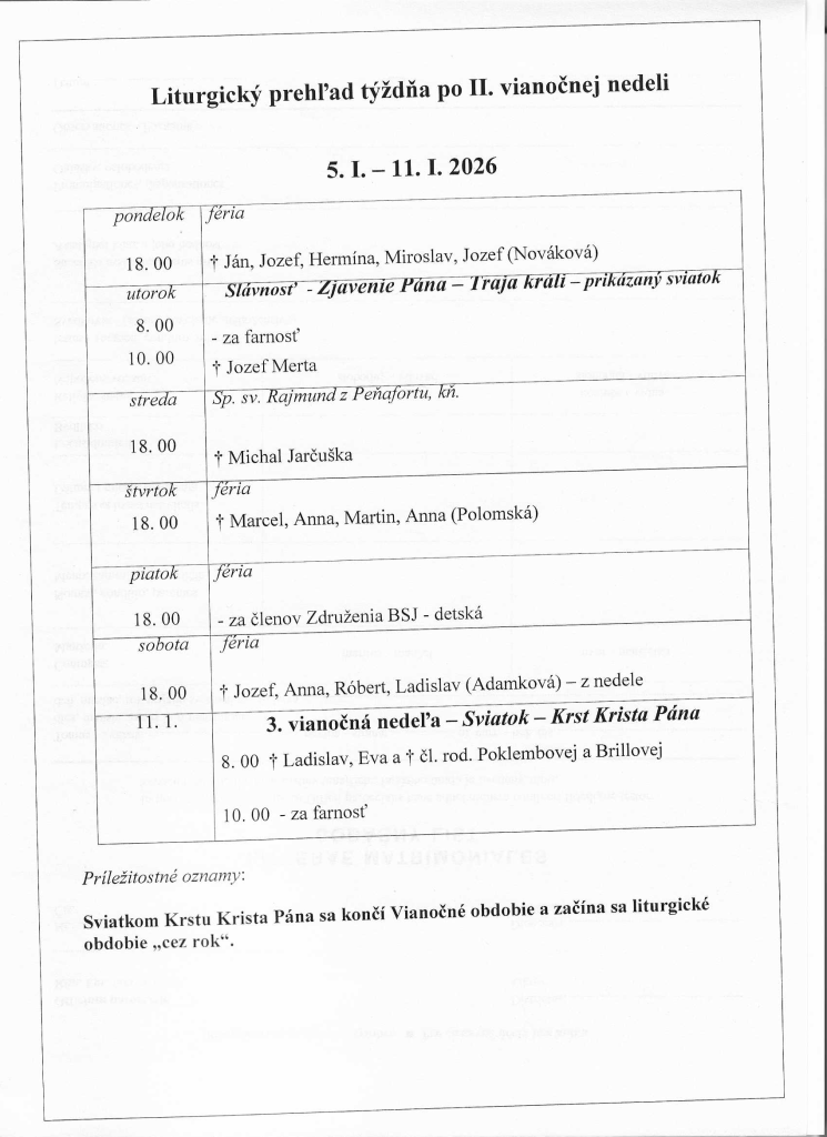 Liturgický prehľad sv.&nbsp;omší od&nbsp;5.1.2026 do&nbsp;11.1.2026