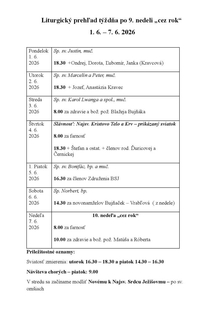 Liturgický prehľad sv.&nbsp;omší od&nbsp;1.6.2026 do&nbsp;7.6.2026