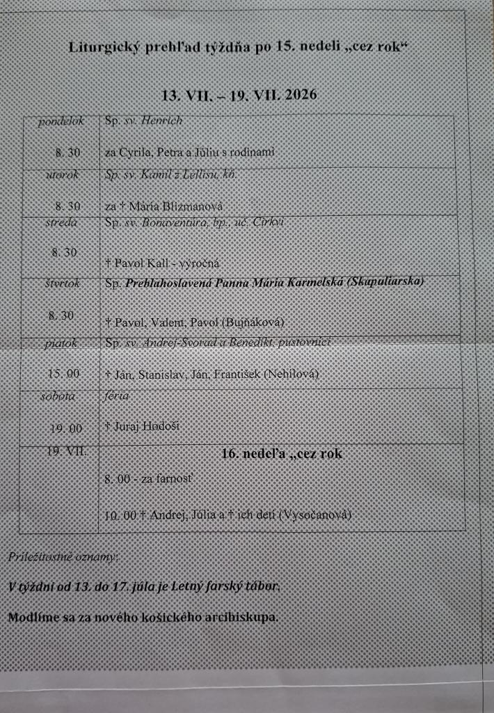 Liturgický prehľad sv.&nbsp;omší od&nbsp;13.7.2026 do&nbsp;19.7.2026