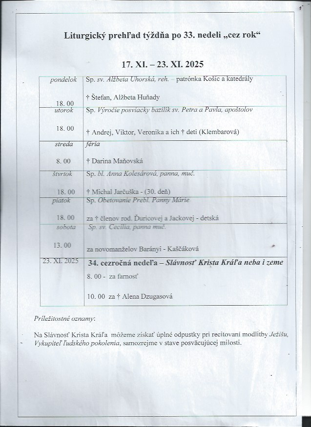 Liturgický prehľad sv. omší od 17.11.2025 do 23.11.2025